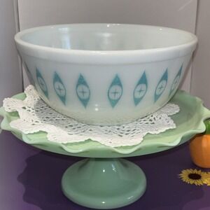 Vtg Atomic Eyes Pyrex Mixing  Bowl MCM 1950s Unmarked White & Turquoise 403